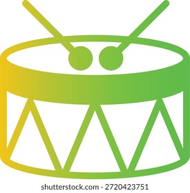 Un vibrante icono de degradado verde y amarillo que representa un tambor con dos baquetas descansando en su parte superior, ilustrando un instrumento musical.