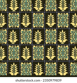 A vibrant green and yellow pattern against a striking dark backdrop, repeated seamless pattern