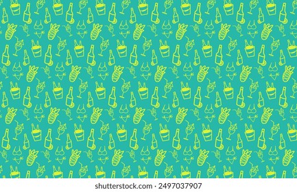 Vibrant green and yellow summer pattern. Hand-drawn cocktails, pineapples, beach vibes. Background for summer vacation. Summertime Pattern
