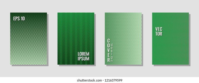 Vibrant green zig zag banner templates, wavy lines gradient stripes backgrounds for music cover. Curve shapes stripes, zig zag edge lines halftone texture gradient banner backgrounds set.