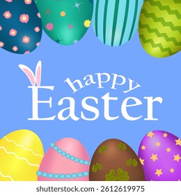Vibrant greeting card with 3D elements - ornate Easter eggs with patterns on a blue background. Text - Happy Easter. Perfect for holiday banner and greeting.