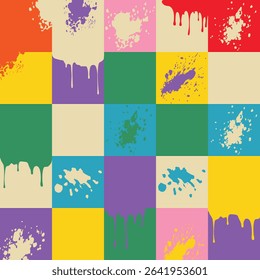 Vibrant grid of squares featuring bold paint splashes and drips in playful, artistic style perfect for creative projects. Colorful summer background. Vector art