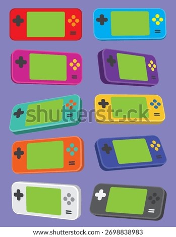 A vibrant grid of ten handheld gaming consoles, all sharing the same basic shape but dressed in different color combinations, displays a playful, collectible vibe.
