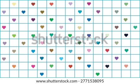 A vibrant grid of various colored hearts on a white background, arranged in rows and columns with turquoise lines separating each cell, creating a visually appealing and playful composition.