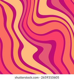 Un fondo abstracto vibrante y groovy con líneas fluidas y onduladas en una cálida paleta de rosas y naranjas.