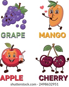 Vibrant and groovy fruit characters .A lively apple, a funky mango, a playful bunch of grapes, and a cheerful pair of cherries. Retro style, combining a 70s vibe with modern whimsy. 