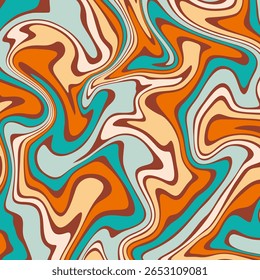 Ein lebendiger und grooviger Retro-Hintergrund mit einem psychedelischen flüssigen Wirbelmuster in Orange, Teal, Creme und Braun.