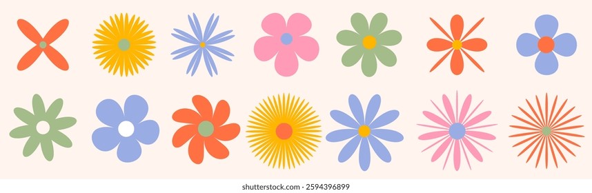 Vibrant groovy retro daisy flower set. Hippie-style stickers with a modern abstract touch. Vintage decorative design elements. Element of Vector graphic