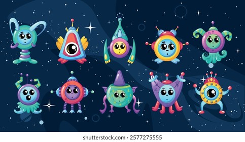 A vibrant group of adorable alien characters showcases unique designs in a colorful cosmic environment filled with stars. Each character features distinct colors and playful expressions.