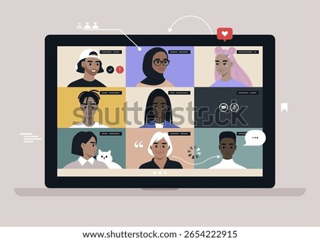 A vibrant group call features diverse individuals engaging in candid conversation, exchanging thoughts and emotions as they enjoy each other’s company remotely