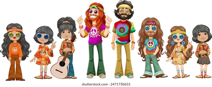 A vibrant group of hippie characters