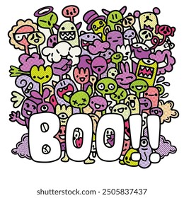 A vibrant group of playful cartoon monsters exclaiming "Boo" in a fun and festive manner, with Halftone effect adding a retro comic style.

