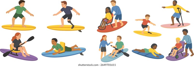 A vibrant group takes part in different water sports on colorful boards, showcasing inclusivity and fun at the beach on a sunny day. Activities include surfing, kayaking, and paddleboarding.
