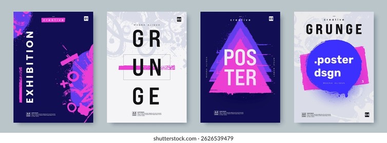 Vibrant grunge a4 posters set for exhibition or event featuring bold typography and modern design elements in blue and pink hues. Ideal for creative projects. Vector illustration.