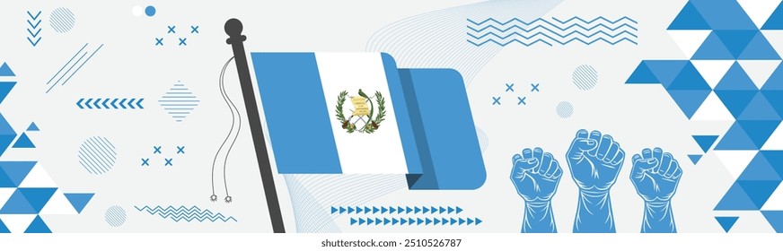 Vibrante Anuncio nacional de Guatemala o del día de la independencia con la icónica bandera de Guatemala con los puños en alto que simboliza la unidad, la fuerza y el patriotismo, perfecto para celebrar este día especial 