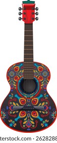 Vibrant guitar with intricate Mexican patterns