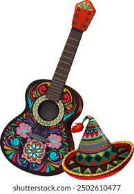 Vibrant guitar and sombrero with traditional designs