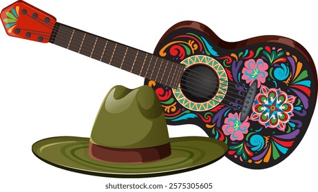 Vibrant guitar with traditional Mexican hat