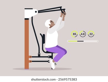 In a vibrant gym, a senior woman using fitness equipment with infographics highlighting exercises for strength, flexibility, and overall health, promoting an active lifestyle