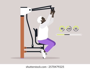 In a vibrant gym, a senior woman using fitness equipment with infographics highlighting exercises for strength, flexibility, and overall health, promoting an active lifestyle