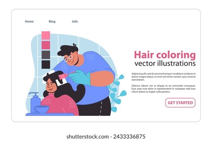 Vibrant hair coloring process. A cheerful customer gets a new hair hue with professional dyes and brushes. Flat vector illustration.