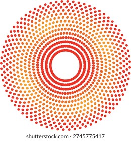 Vibrant halftone circle design with concentric rings of colorful dots forming a dynamic vortex or sun shape for modern background graphics