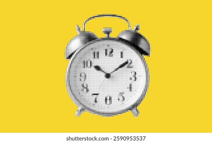 A vibrant halftone collage features a vintage alarm clock on a striking yellow background. The clock symbolizes the relentless passage of time, evoking feelings of nostalgia and urgency.