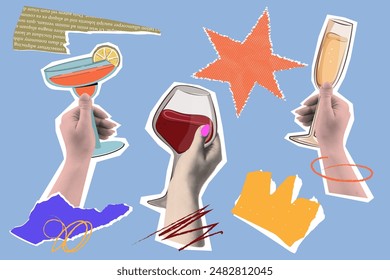 Vibrant Halftone Collages sticker set Of Hands With Drinks. 