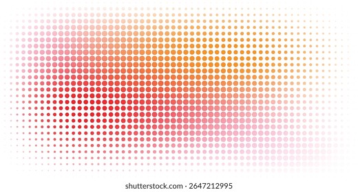 Vibrant halftone dot pattern with gradient colors transitioning from red and pink to orange and yellow. Modern abstract background perfect for pop art, comics, retro designs,