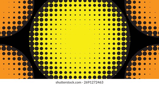 Patrón vibrante de semitono con círculos en amarillo, naranja y negro creando un diseño abstracto dinámico y llamativo. ILUSTRACIÓN VECTORIAL EPS