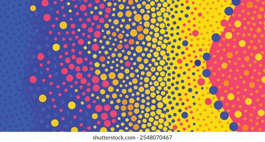 a vibrant halftone pattern with overlapping dots in blue, yellow, and pink hues.