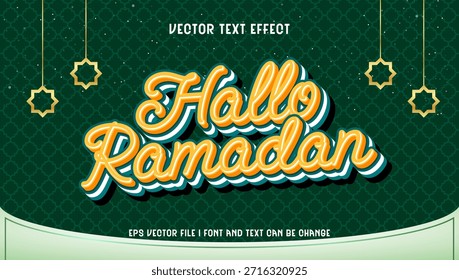 Efecto de texto de Vector de saludo vibrante 'Hallo Ramadan' con un diseño retro en capas sobre un fondo verde festivo, ideal para celebraciones navideñas y mensajes culturales
