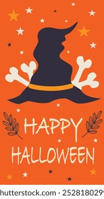 A vibrant Halloween design featuring a dark witch's hat with bones on an orange backdrop, surrounded by stars and leaves, conveying a festive and spooky atmosphere.