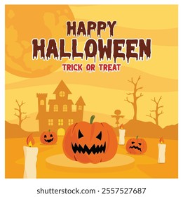 A vibrant Halloween featuring carved pumpkins and a haunted house. Candles light up the scene, creating a spooky atmosphere perfect. Flat vector modern illustration 