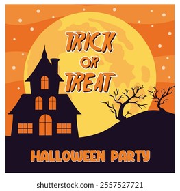 A vibrant Halloween party invitation featuring a haunted house, full moon, and spooky trees. Perfect for celebrating Halloween. Flat vector modern illustration 