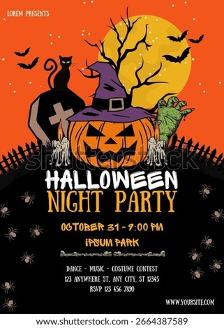 Vibrant Halloween poster featuring a big jack-o’-lantern pumpkin with purple witch hat, zombie hand, graveyard scene, black cat, candles, and spooky trees. Ideal for horror night invitations.