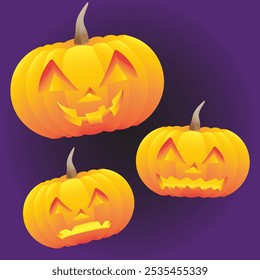 A vibrant Halloween pumpkin illustration featuring a classic craved face with glowing eyes and spooky smile, perfect for festive decorations, promotion, and holiday designs.