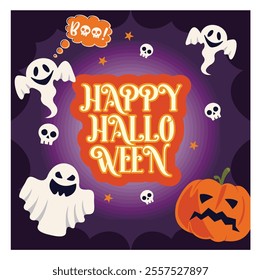 Vibrant Halloween themed featuring cheerful ghosts, grinning pumpkin. Perfect for celebrating the spooky season with a fun and festive design. Flat vector modern illustration 