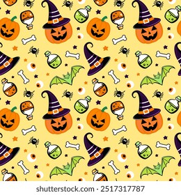 Vibrant Halloween Themed Pattern with Pumpkins, Witch Hats, and Bat