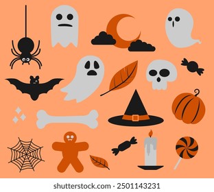 Lebendige Halloween-Vektorgrafik mit Geistern, Kürbissen, Fledermäusen, Hexenhüten und Bonbons auf orangefarbenem Hintergrund. Ideal für festliche Designs.