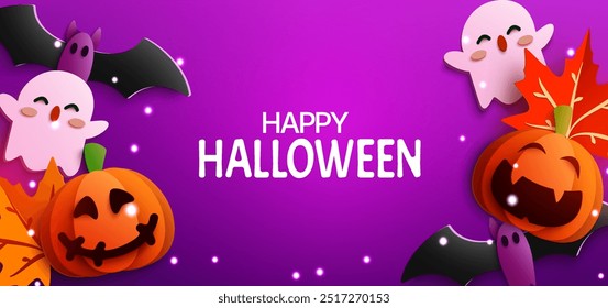 A vibrant Halloween vector illustration featuring pumpkins, ghosts, bats, and leaves in a playful papercut style. Vector Illustration.