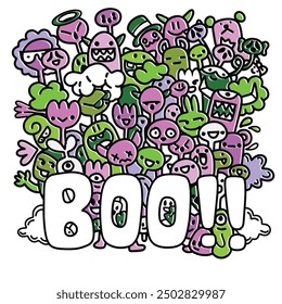 Vibrant Halloween-themed doodle art with an offset effect, featuring a variety of quirky characters in green, pink, and purple hues with large "BOO!!" text in the foreground.
