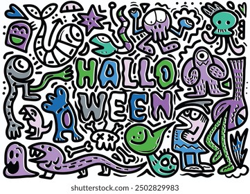 Vibrant Halloween-themed doodle art with quirky monsters, creative lettering, and an offset effect for a dynamic, playful look.
