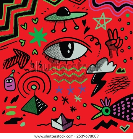 Vibrant hand drawn abstract doodle icons featuring an eye, UFO, and random shapes, isolated on a red background for bold and creative designs