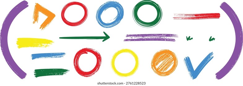 Vibrant Hand drawn brash design elements including arrows, circles, and lines in various colors for creative projects.