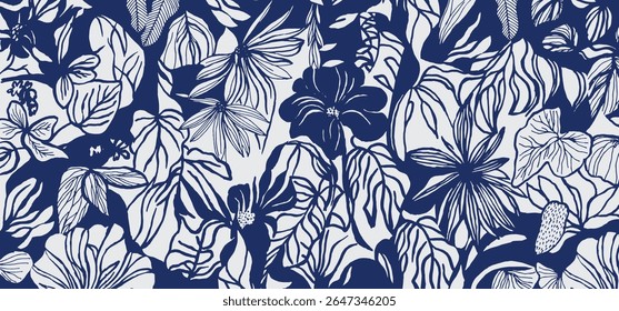 Um padrão botânico de linhas de pincel desenhadas à mão vibrante em tons de azul escuro e azul claro contrastantes, apresentando várias flores e folhas estilizadas. Elementos naturais abstratos simples para têxteis, tapete, 