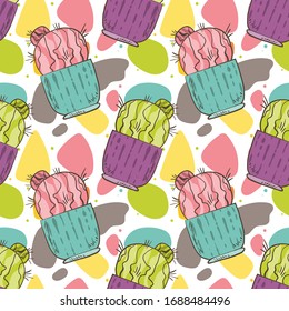 Vibrant hand drawn Cacti and doodles, vector seamless pattern