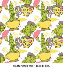 Cacti y doodles dibujados a mano, con un patrón sin fisuras vectoriales