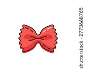 A vibrant hand drawn cartoon style illustration of a single red farfalle pasta noodle isolated on a plain background.