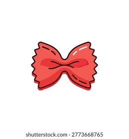 A vibrant hand drawn cartoon style illustration of a single red farfalle pasta noodle isolated on a plain background.
